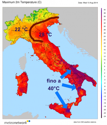 Piogge al Nord, caldo Africano al Sud con punte fino a 40°C