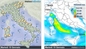 Meteo domani: neve a bassa quota su basso Tirreno, nuvoloso altrove