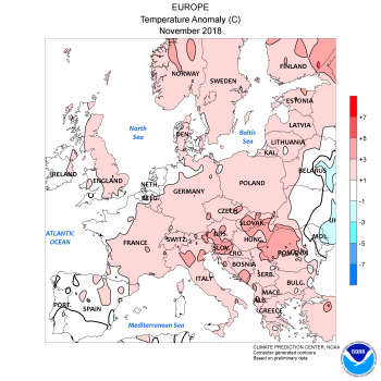 Clima : Novembre 2018 più caldo della norma su gran parte dell’Europa!