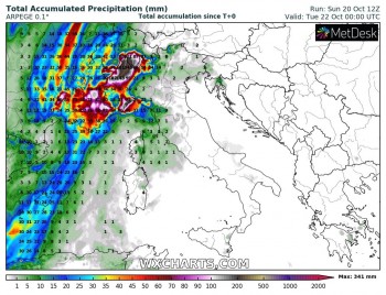 Forti piogge sulle regioni nord-occidentali: attesi fino a 400 mm di precipitazione sulle Alpi